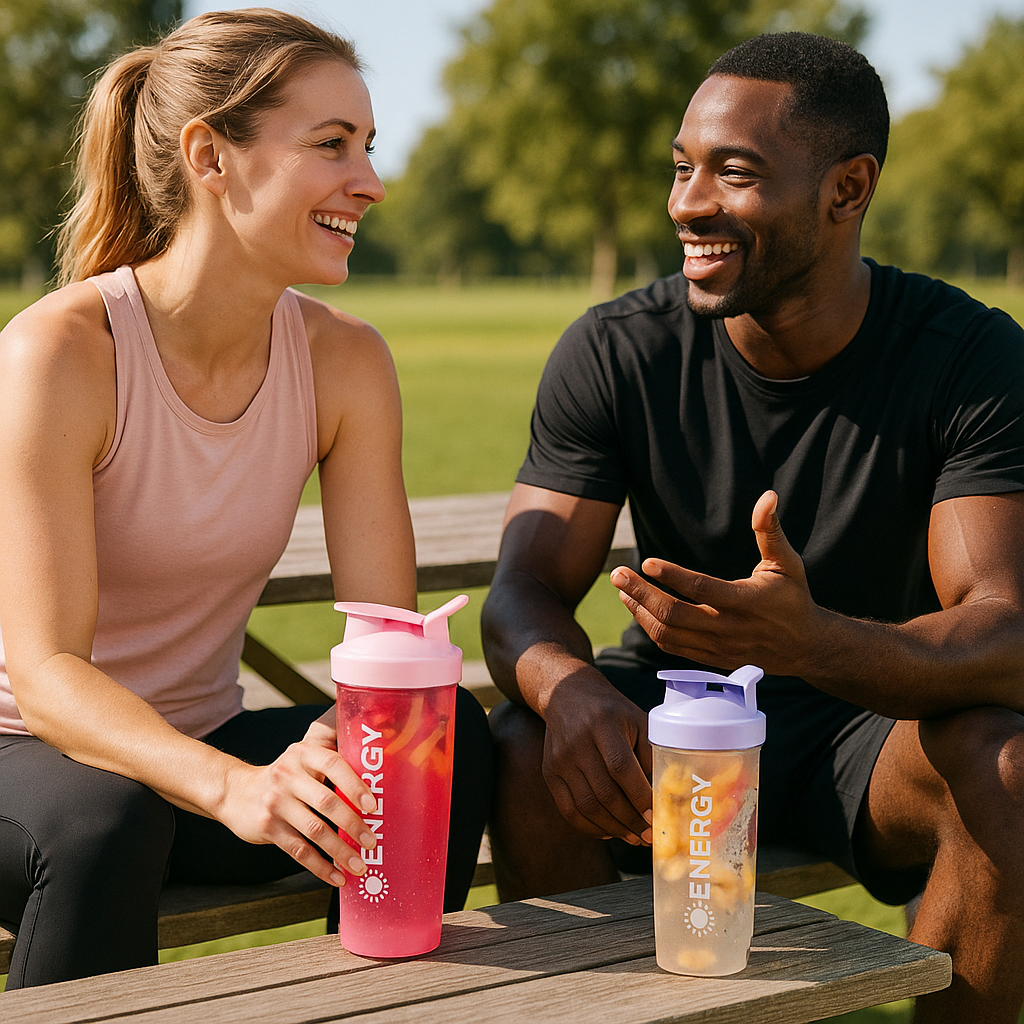Couple souriant avec gourde shaker