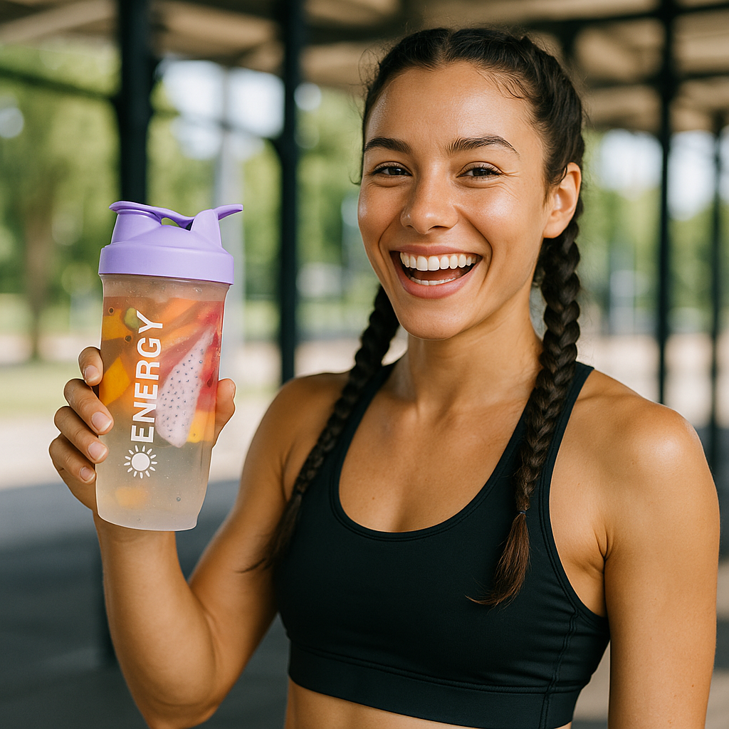 Jeune femme souriante tenant une gourde shaker violette avec fruits