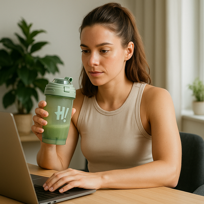 Femme athlétique s'hydratant après sa pause au travail gourde shaker Promix