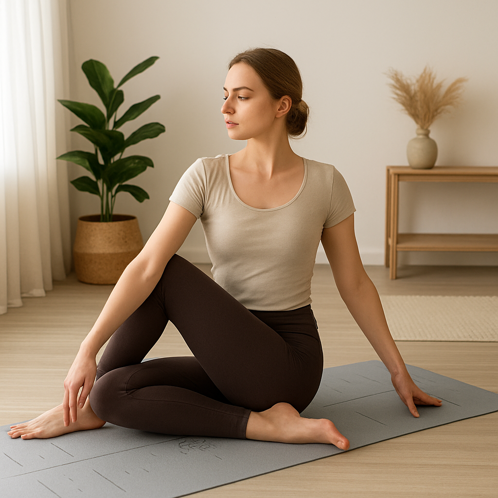 Femme faisant du yoga sur tapis de yoga gris noir