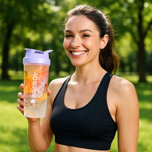 Femme sportive tenant une gourde shaker transparente avec fruits en extérieur